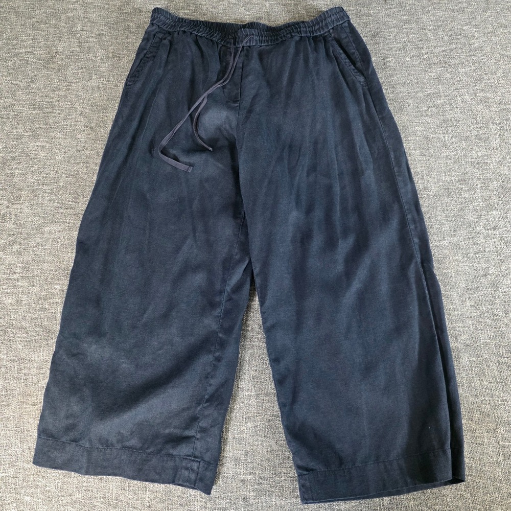 Talbots Womens L 100% Linen Wide Leg Pants Navy Blue Pull On Cropped